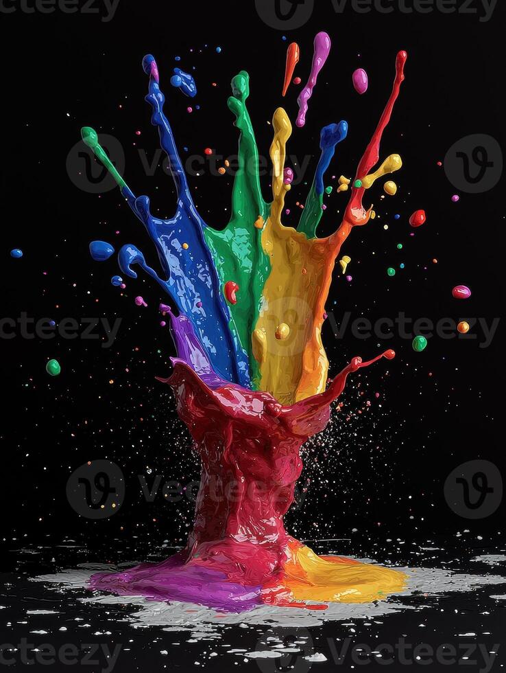 Vibrant rainbow paint splash explosion on black background photo