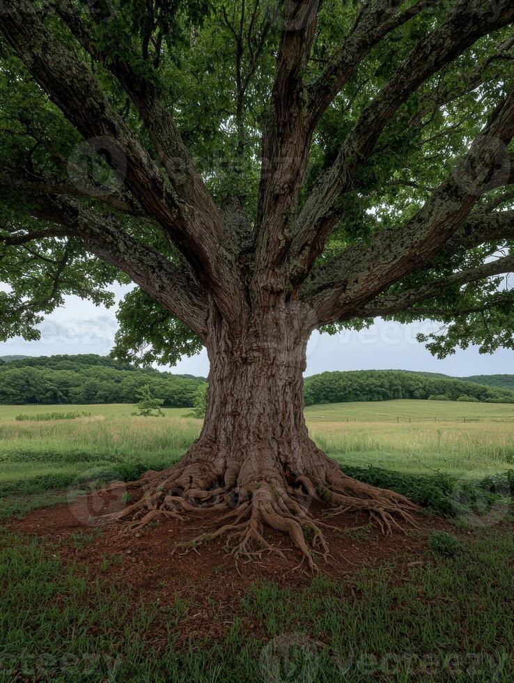 Majestic oak tree with sprawling roots in a green field photo