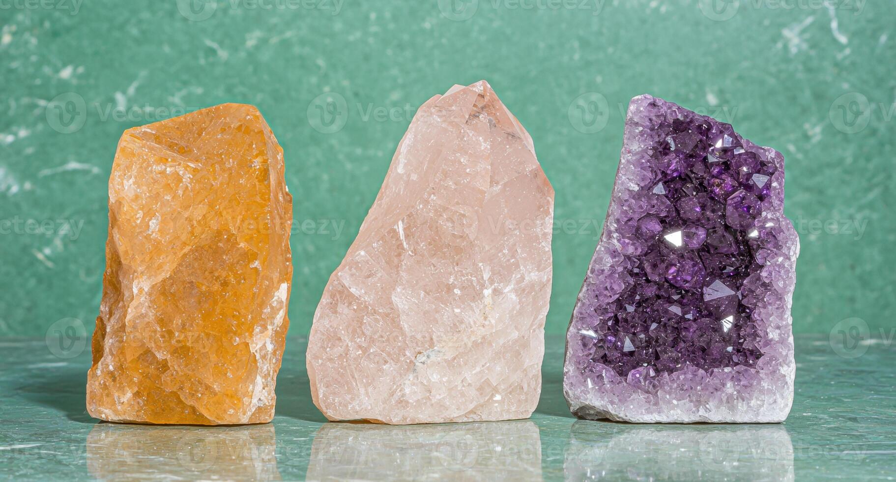 Three vibrant chakra crystals. carnelian, rose quartz, and amethyst, arranged on a green background photo