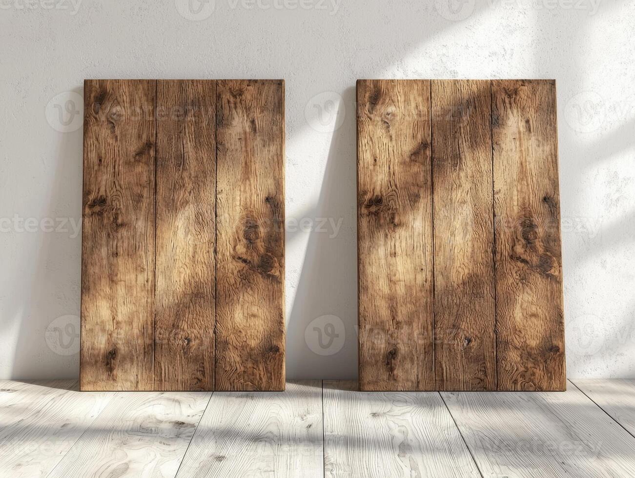Two rustic wooden canvases against a white wall, perfect for your design mockups photo