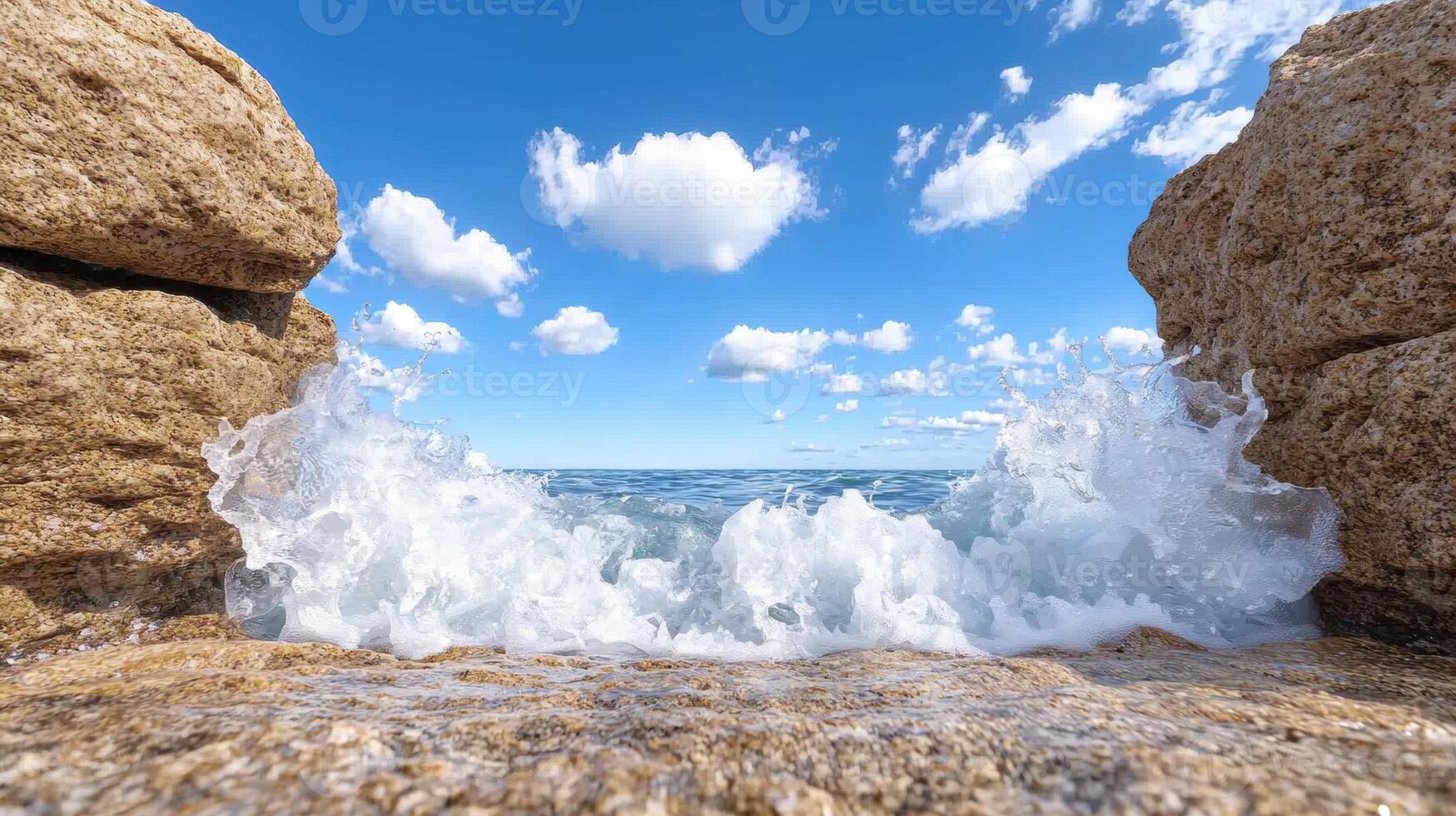 Ocean wave crashing against rocks, creating a stunning natural frame photo