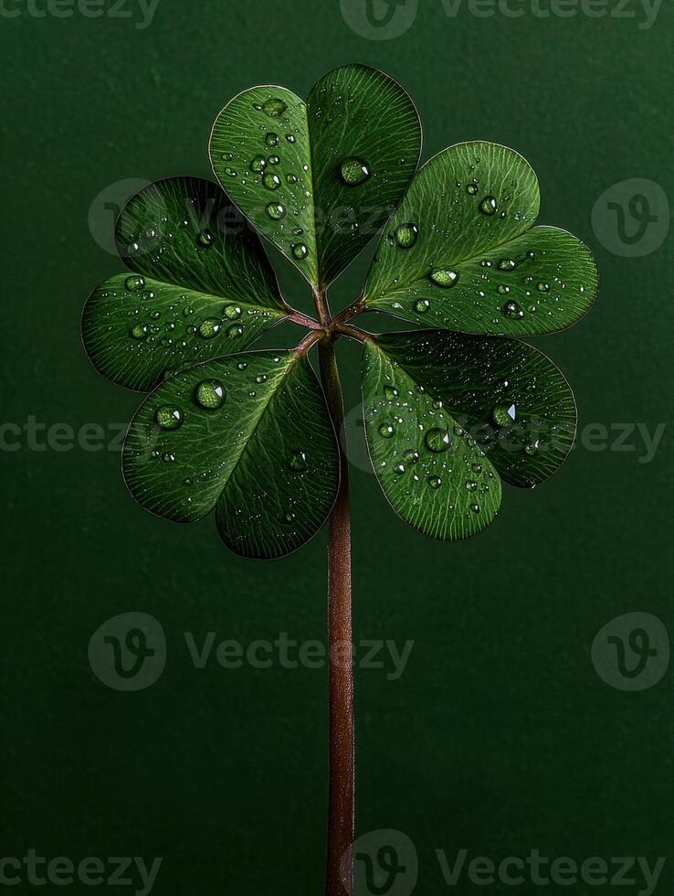 Close up of a four leaf clover with water droplets on a dark green background photo