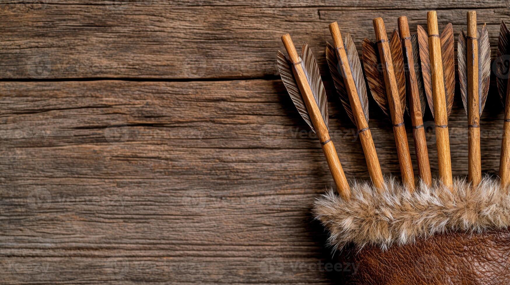 Wooden arrows in a leather quiver on a rustic wooden background photo