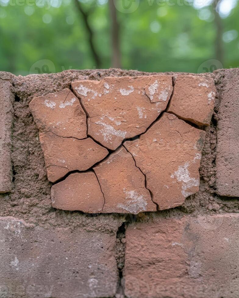 Close up of a cracked brick in a weathered wall photo