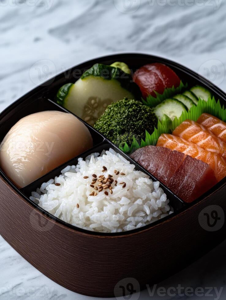 Delicious and healthy bento box with sushi, rice, and vegetables photo