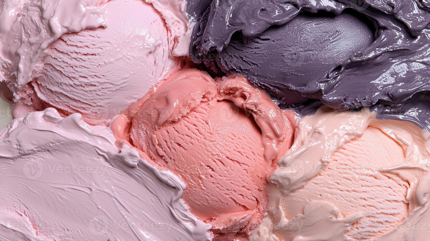 Delicious scoops of pink, peach, and purple ice cream photo