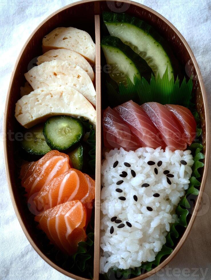 Delicious and healthy bento box lunch with salmon, tuna, and tamago photo