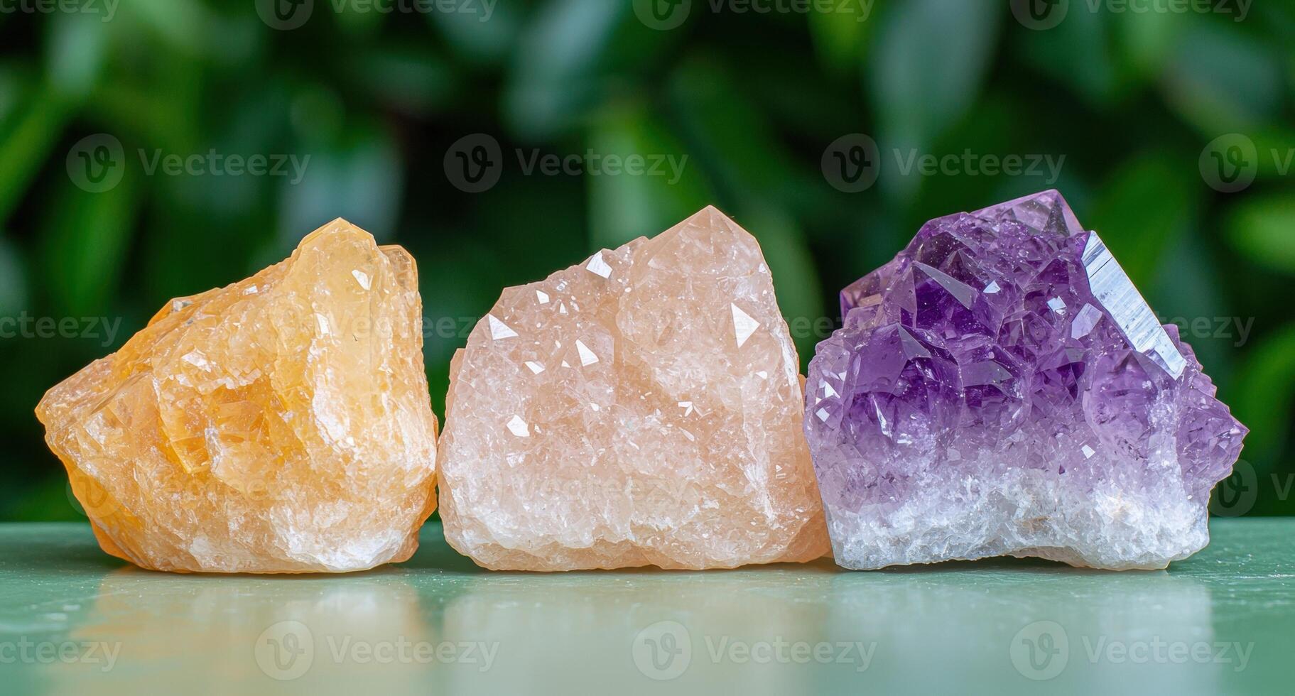 Three vibrant gemstone clusters. amethyst, citrine, and rose quartz, arranged on a green surface photo