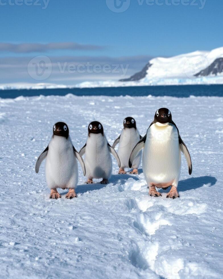 Adorable penguin chicks waddle along snowy path in antarctica photo