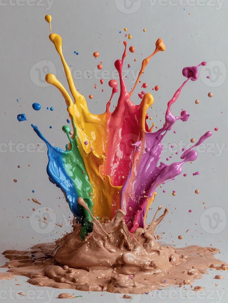 Rainbow paint splash explosion on brown background photo