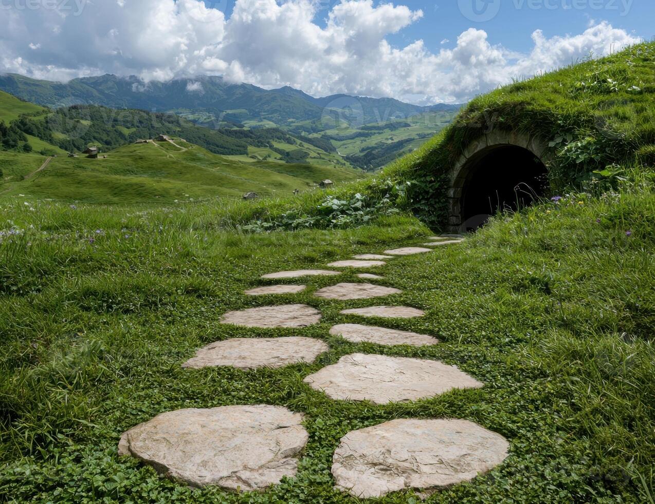 Stone path leading to a hobbit hole in a green field with mountains in the background photo