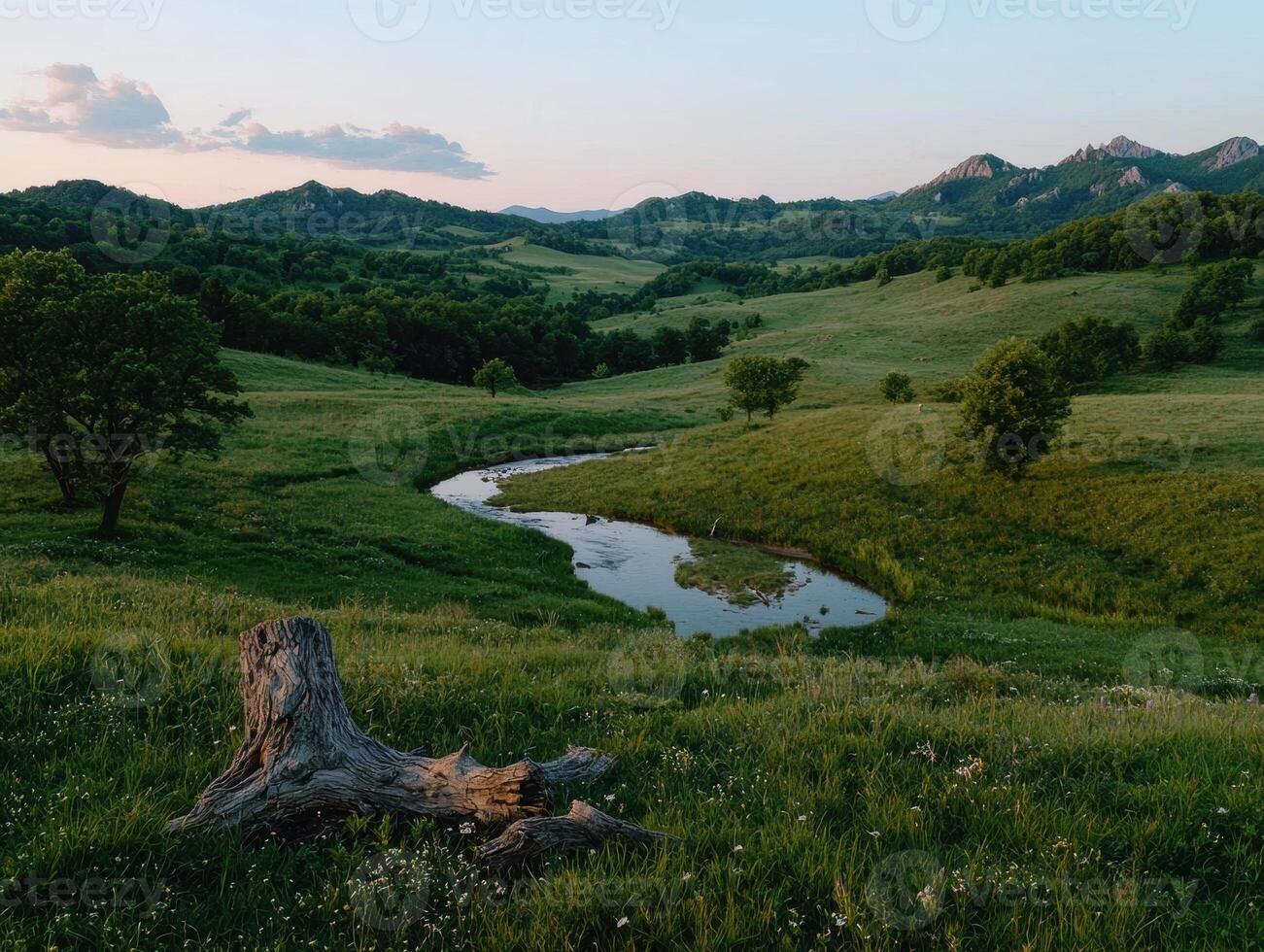 Serene landscape with a winding river, rolling hills, and a weathered tree stump photo