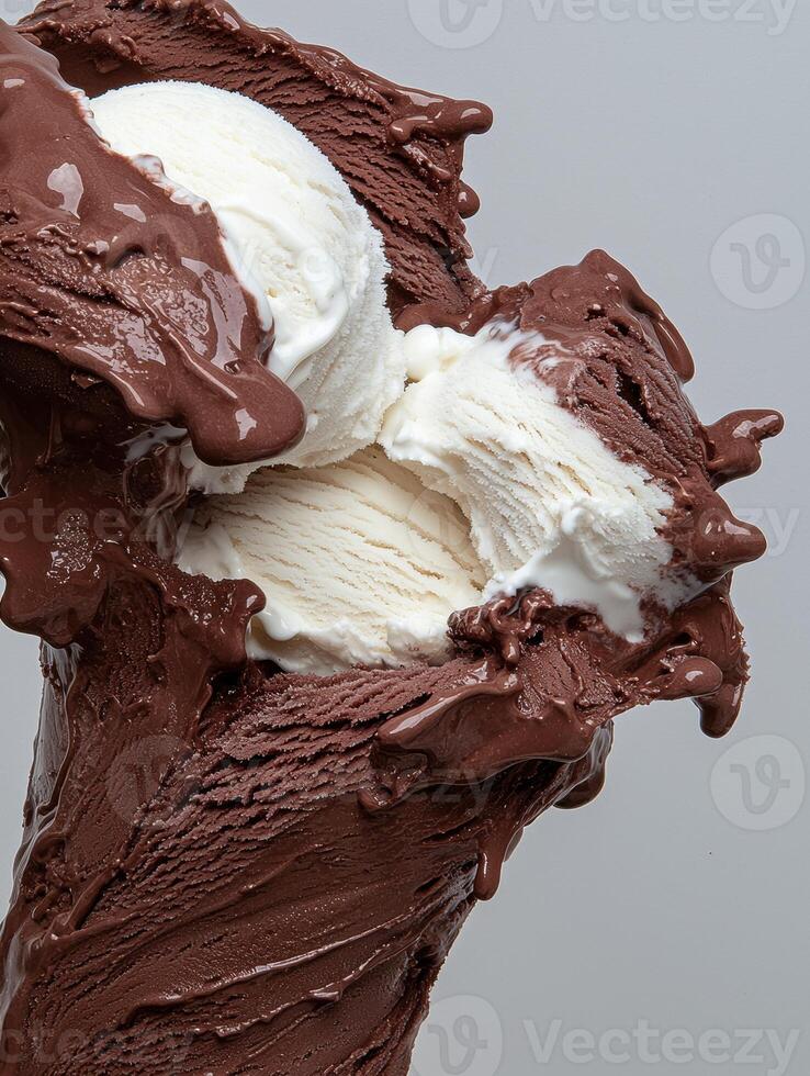 Chocolate and vanilla ice cream melting together in a swirl photo