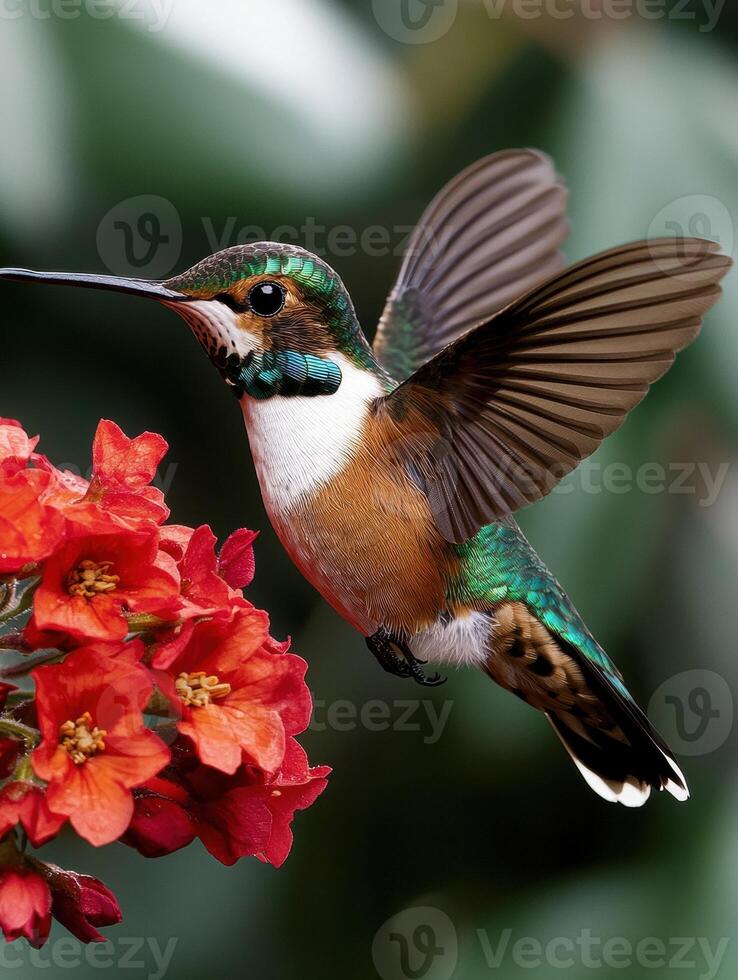 Hummingbird in flight hovering near red flowers photo