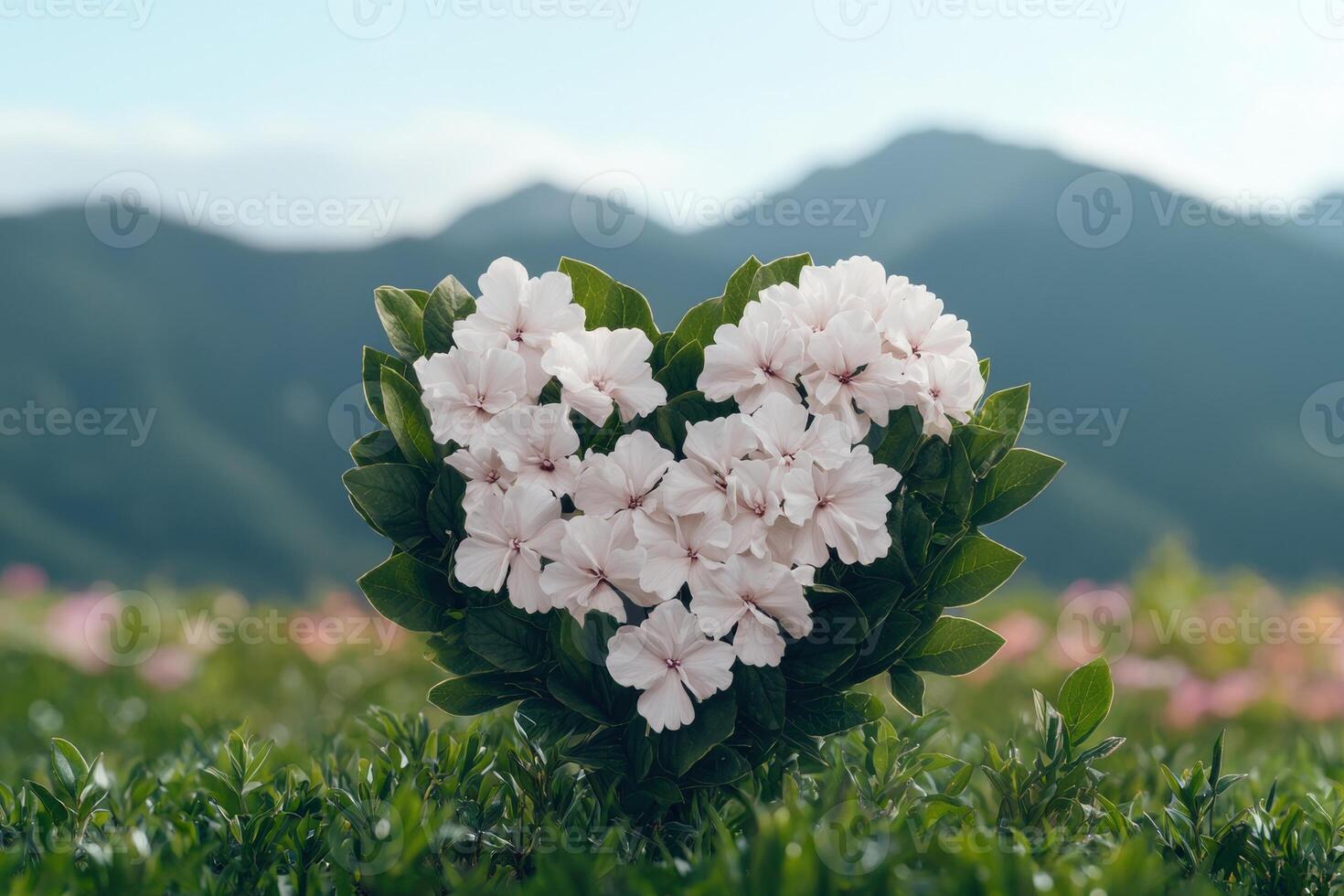 Heart shaped bush of delicate white flowers against a mountain backdrop photo