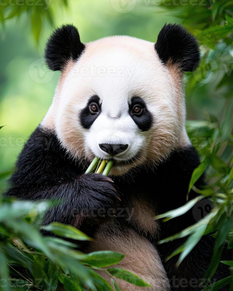 Adorable giant panda bear eating bamboo in lush green forest photo
