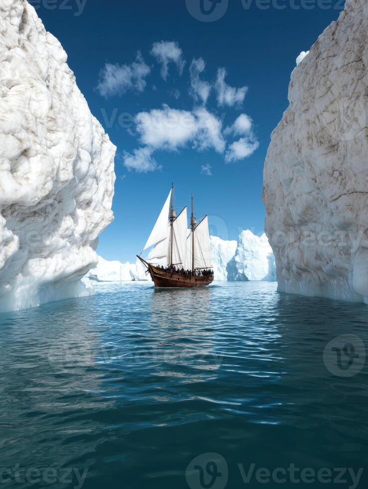 Sailing ship between icebergs in arctic waters photo