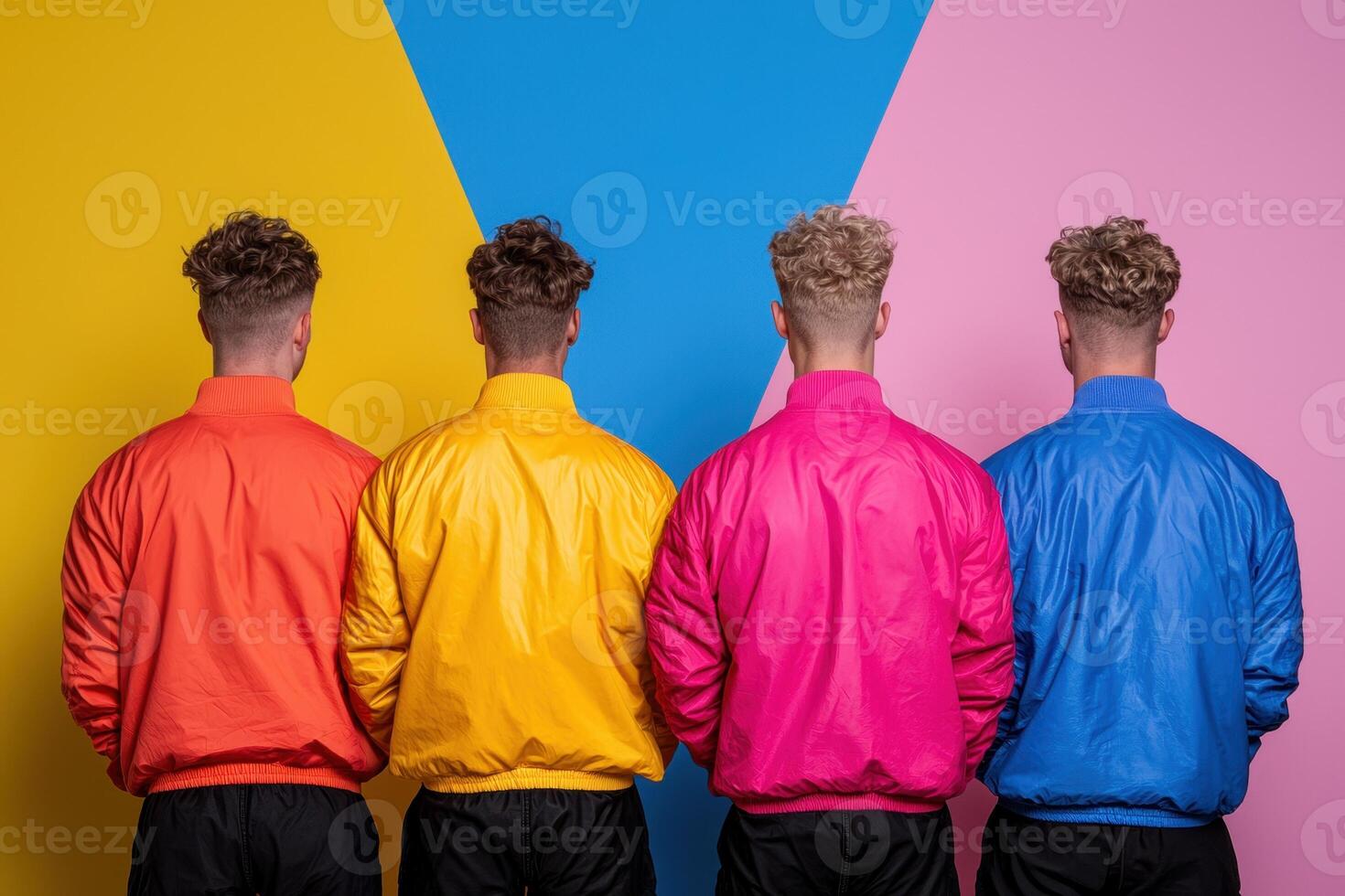 Back view of four stylish men in colorful jackets against a vibrant backdrop photo