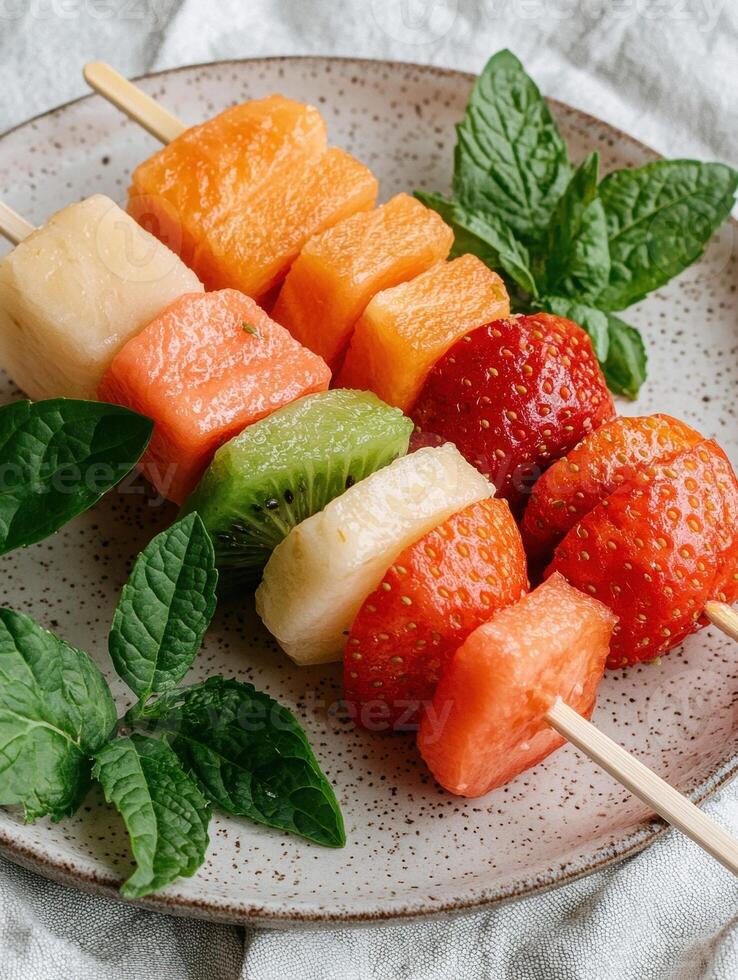Refreshing fruit skewers with watermelon, strawberries, kiwi, and pineapple photo
