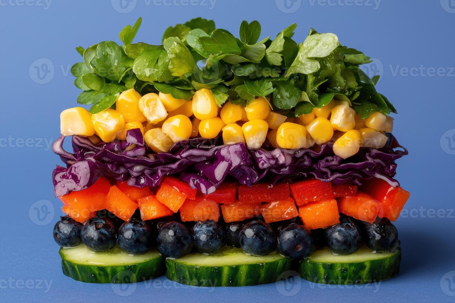 A stack of colorful vegetables on a blue background photo