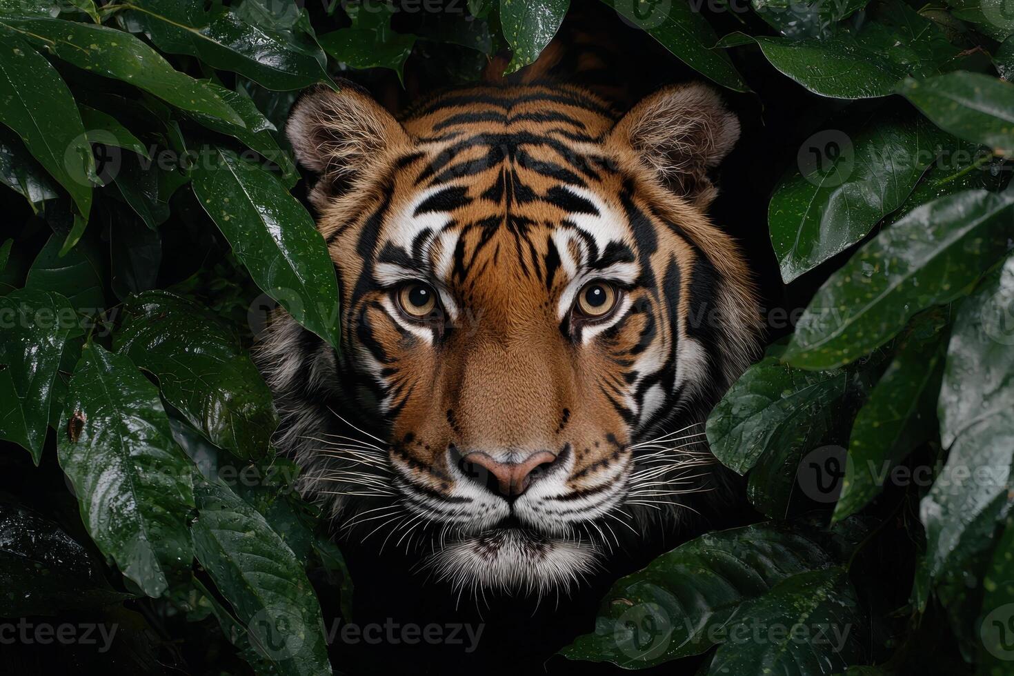 Close up of a majestic tiger peering from lush green foliage photo