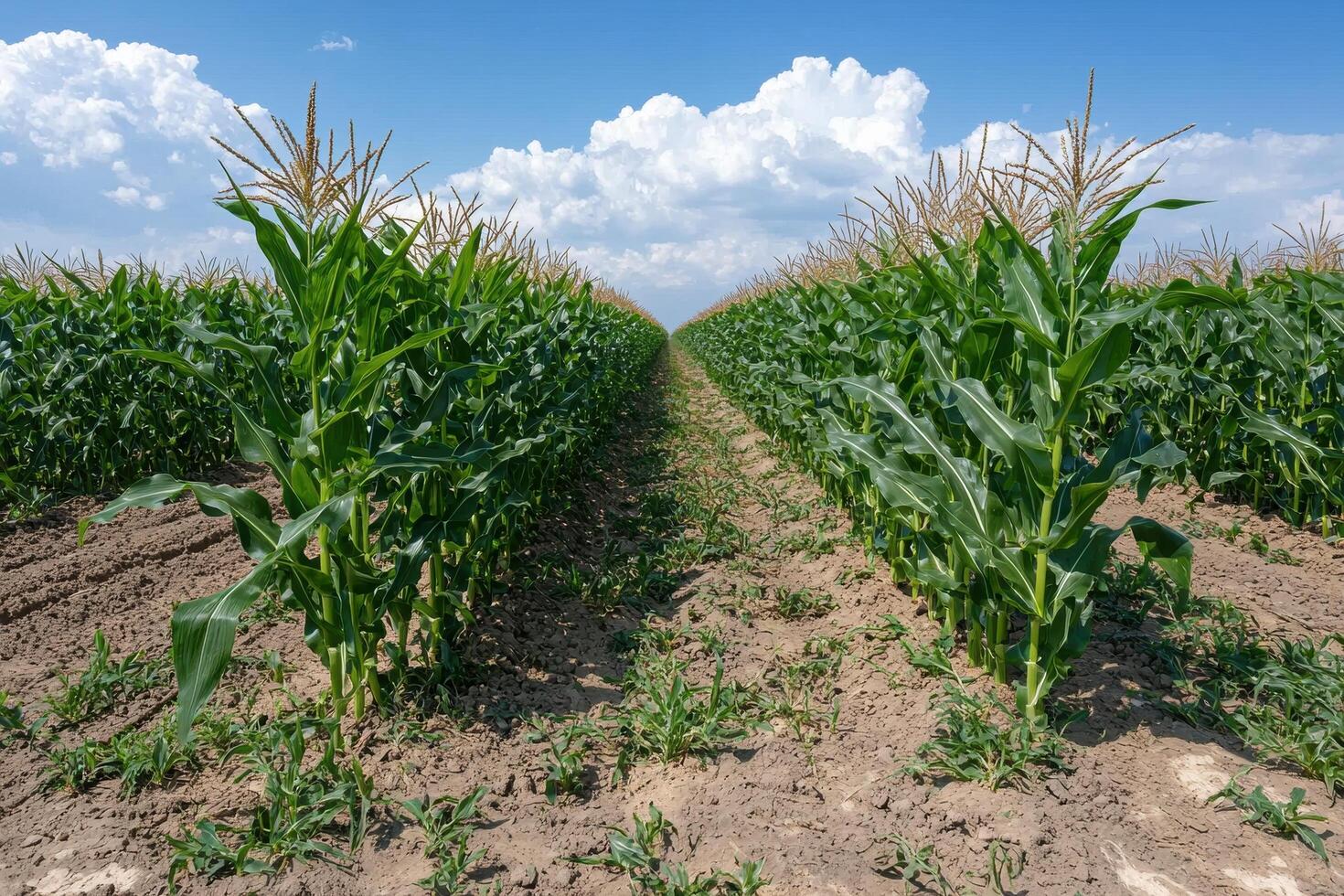Rows of corn stalks in a field under a partly cloudy sky photo