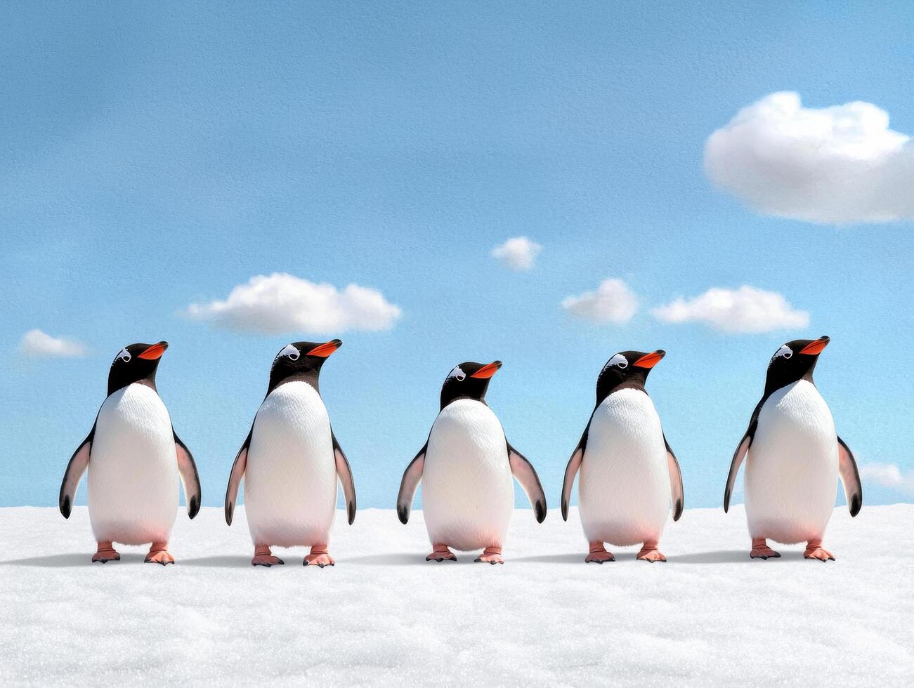 Four penguins standing in a row on a snowy landscape under a bright blue sky photo