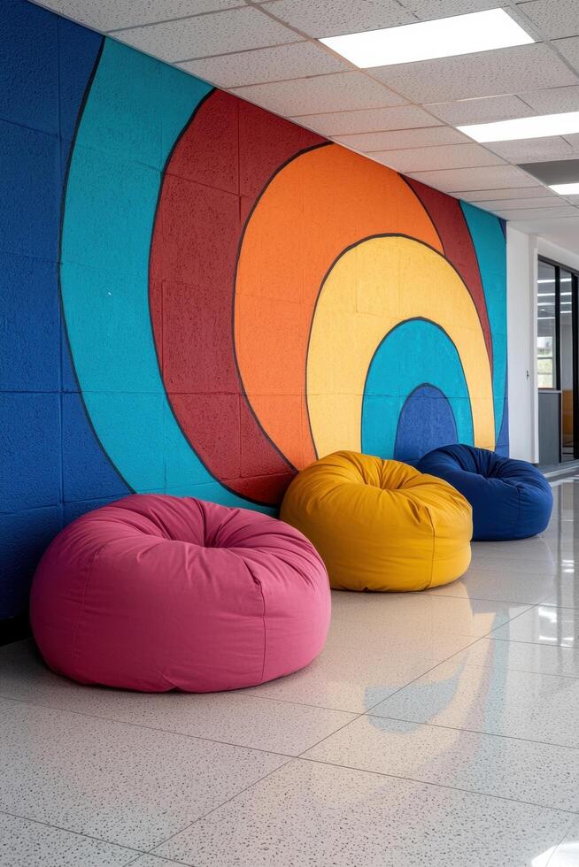 Colorful bean bag chairs in a vibrant hallway with a circular mural photo