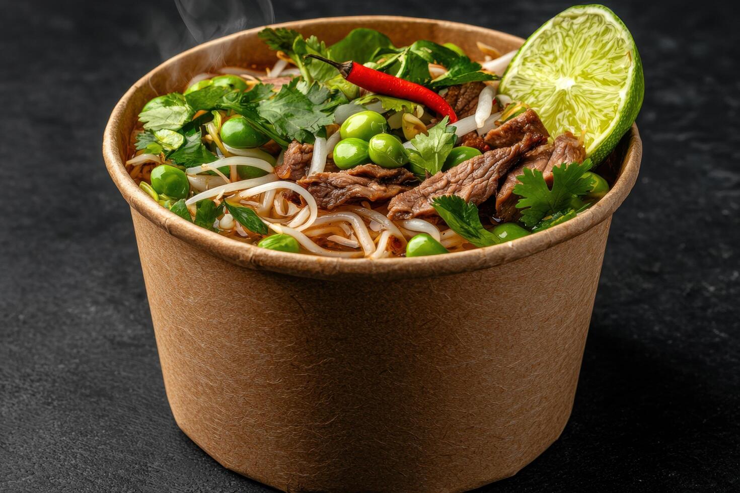 Steaming hot beef noodle soup in a takeaway container photo