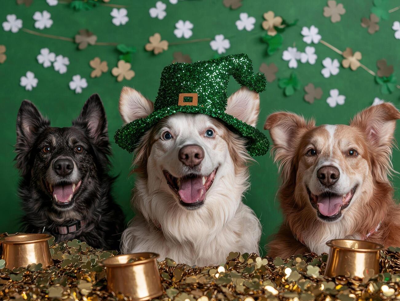 Three adorable dogs dressed up for St Patricks Day, surrounded by gold coins photo