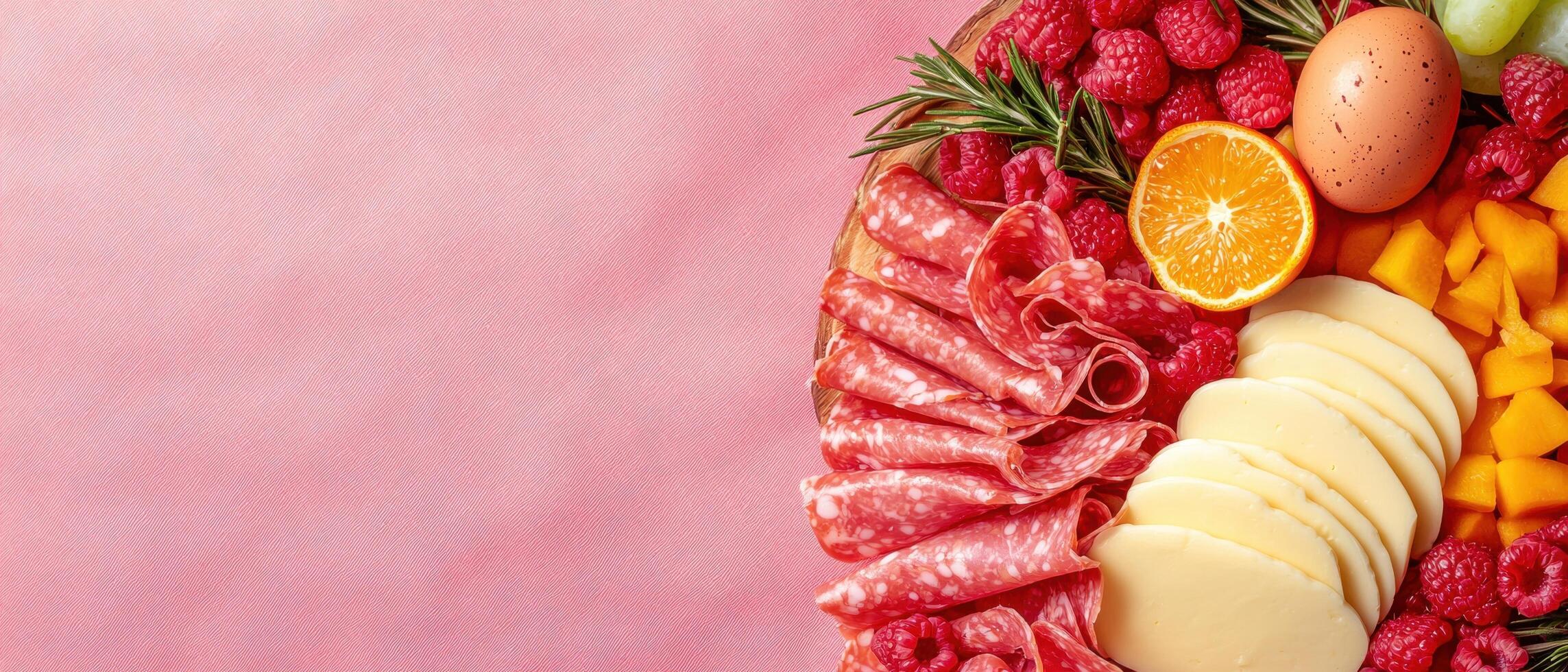 Delicious Charcuterie Board with Salami, Cheese, Fruit, and Raspberries photo