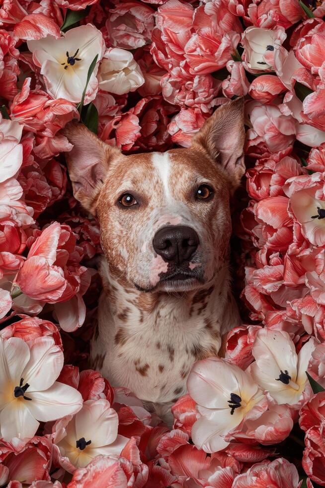 Cute dog surrounded by pink tulips photo