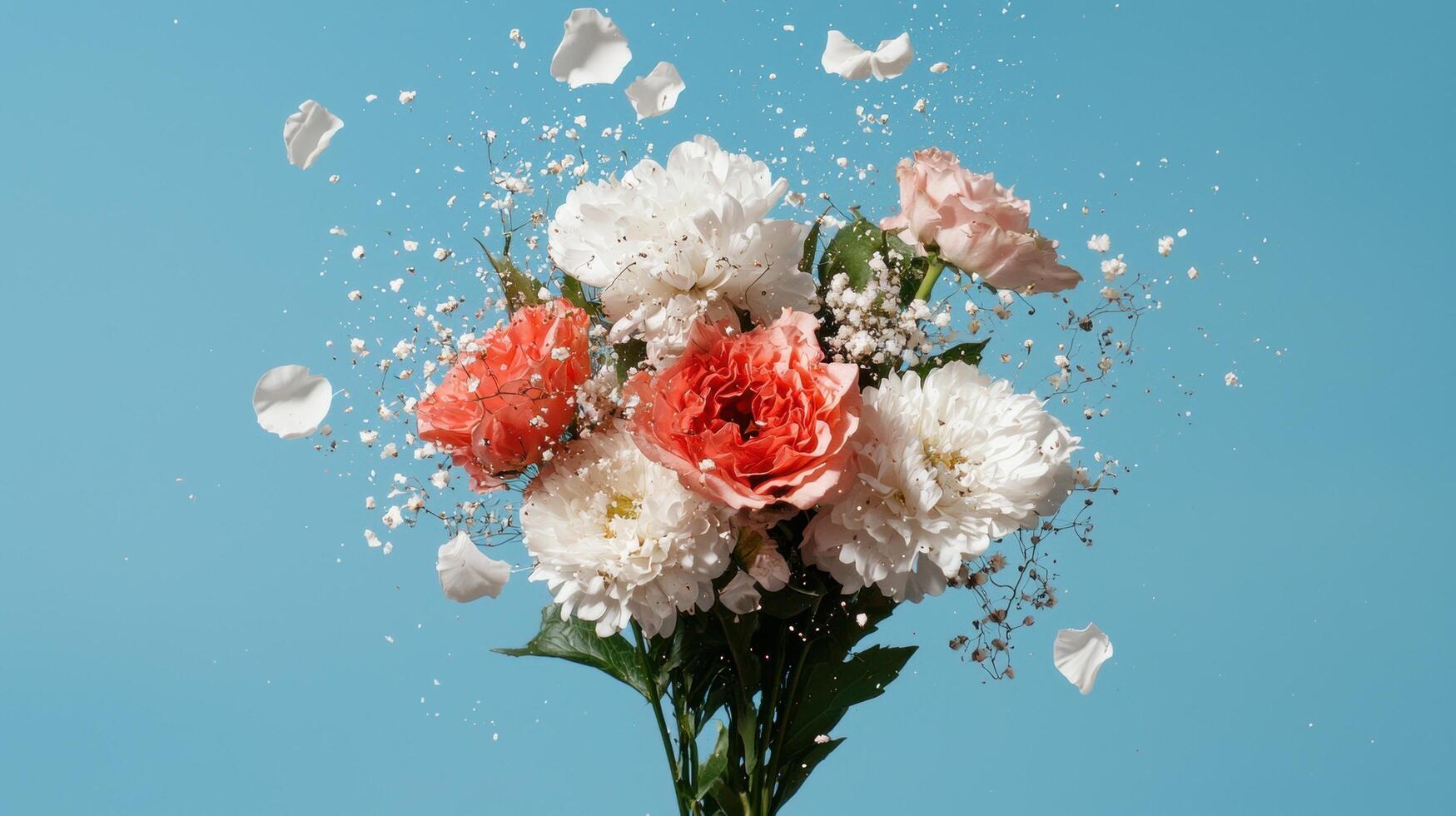 Vibrant flower bouquet exploding with petals and blossoms against a blue background photo