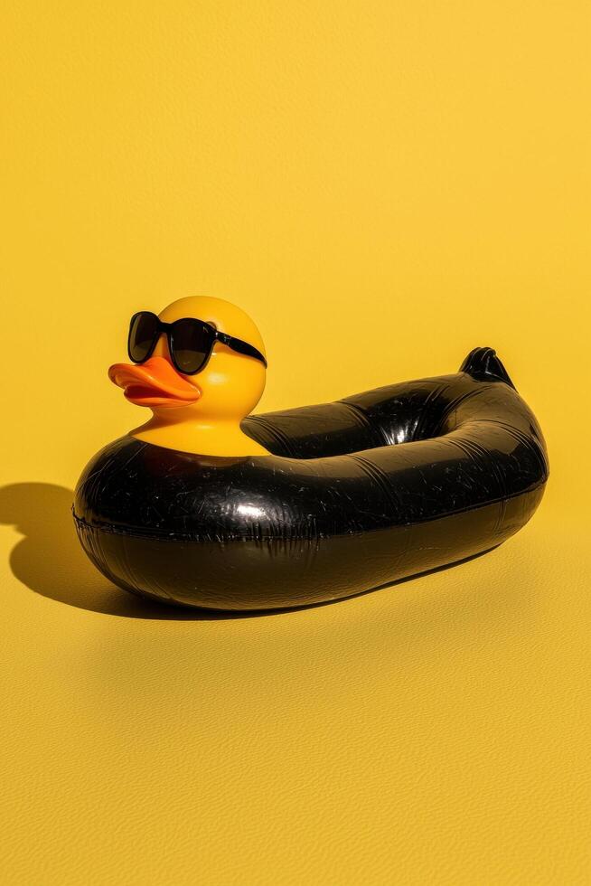 Cool rubber ducky pool floatie with sunglasses on yellow background photo