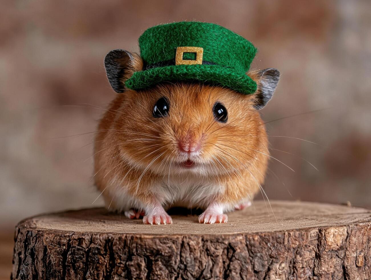 Adorable hamster in a green leprechaun hat for St Patricks Day photo