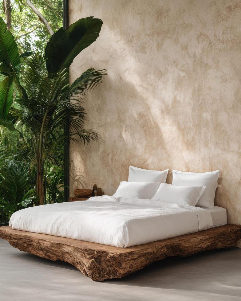 Luxury minimalist bedroom with natural wood platform bed and white linen bedding photo