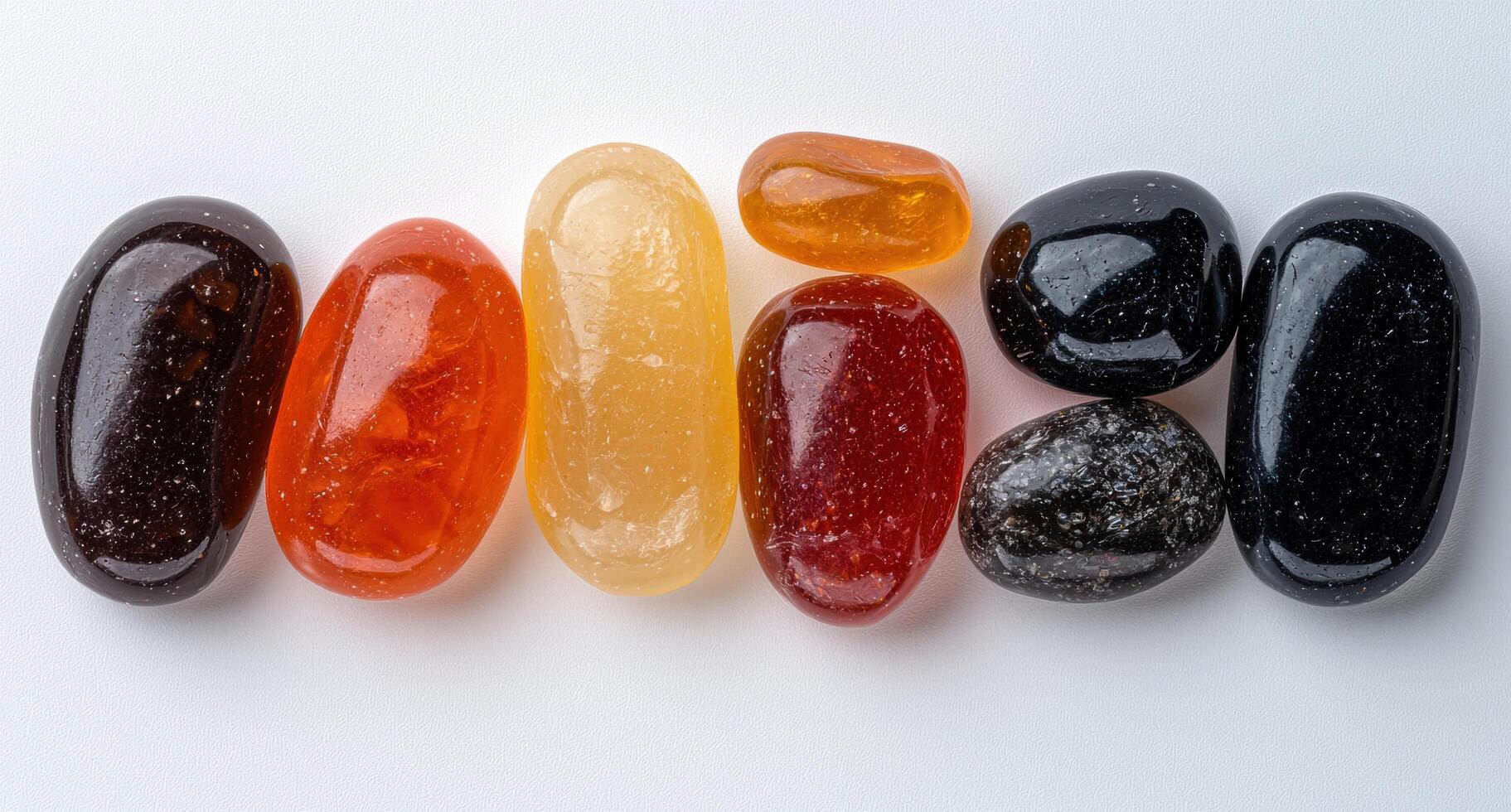 Collection of colorful tumbled stones arranged in a row photo