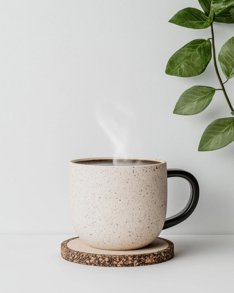 Cozy morning coffee in a speckled mug with a plant in the background photo
