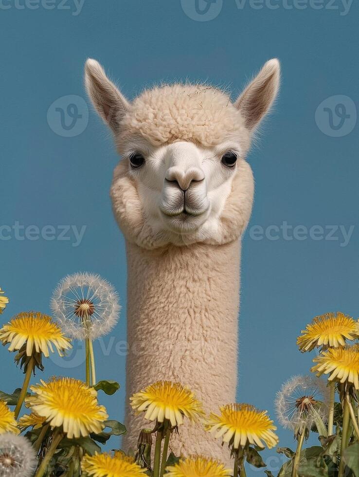 Adorable white alpaca surrounded by dandelions in a field photo