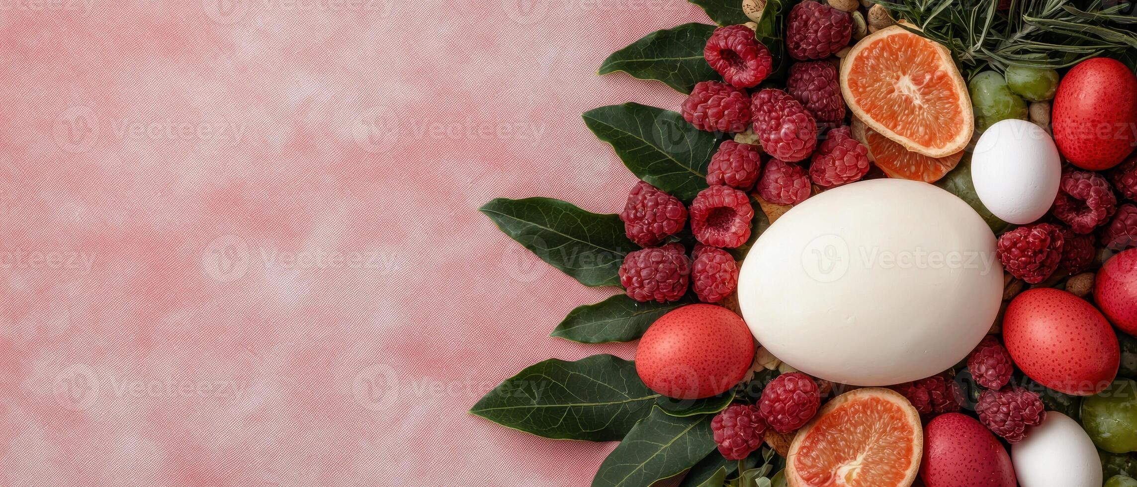 Easter eggs, raspberries, and citrus fruits arranged on a pink background photo