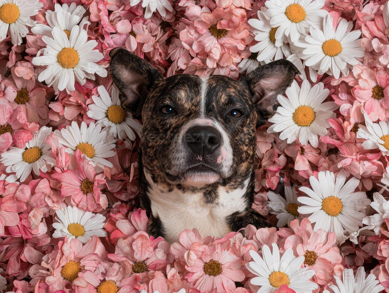 Cute brindle pitbull puppy dog face buried in pink and white flowers photo