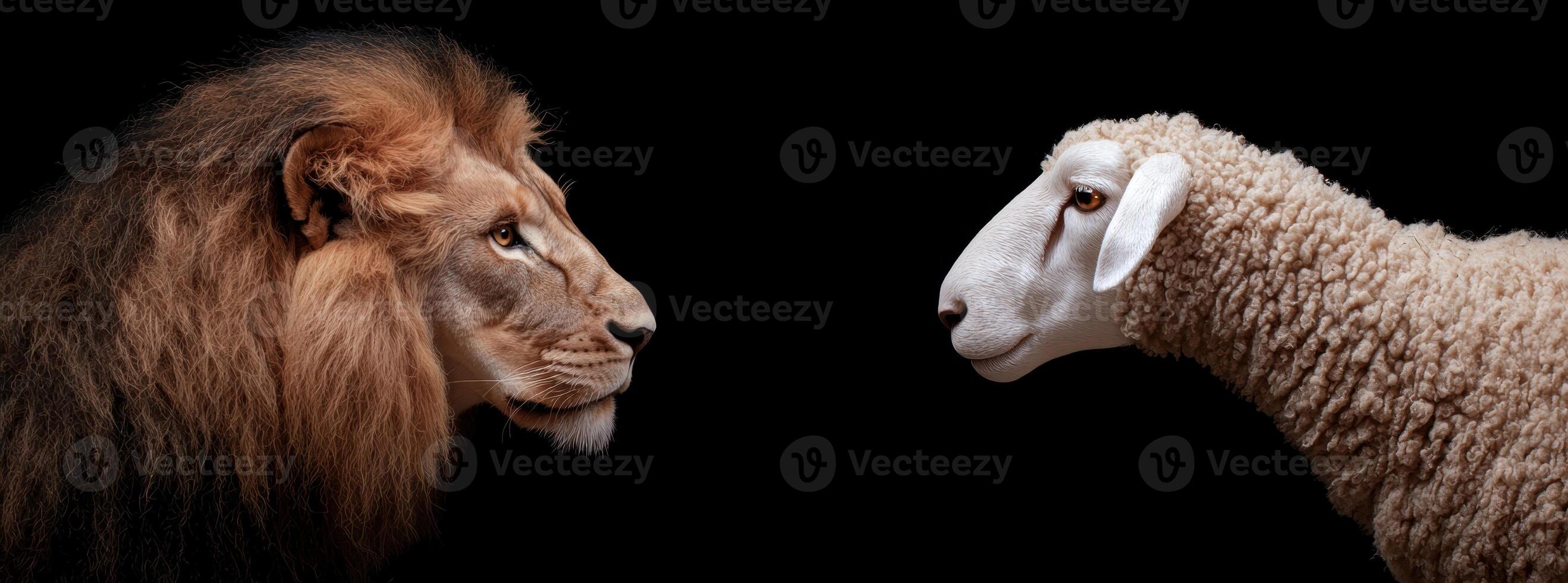 Lion and sheep facing each other on black background photo