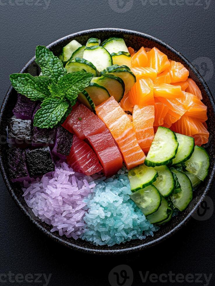 Rainbow poke bowl with colorful rice, fresh salmon, tuna, and cucumber photo