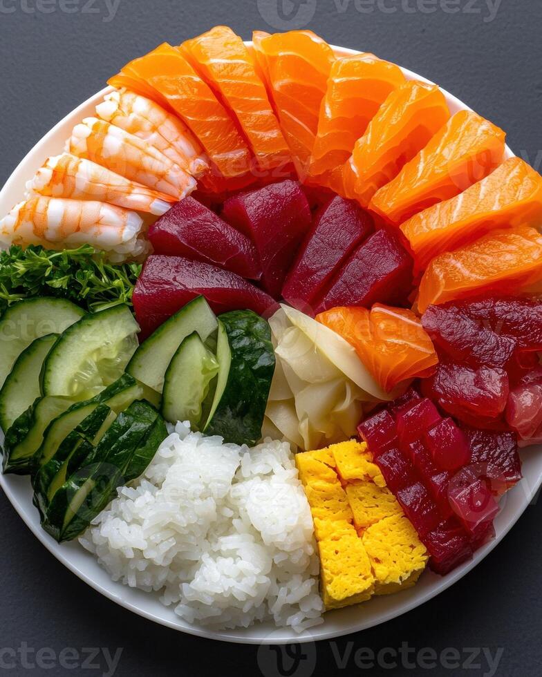 Colorful and Delicious Sushi Bowl with Rice, Salmon, Tuna, Shrimp, and Vegetables photo