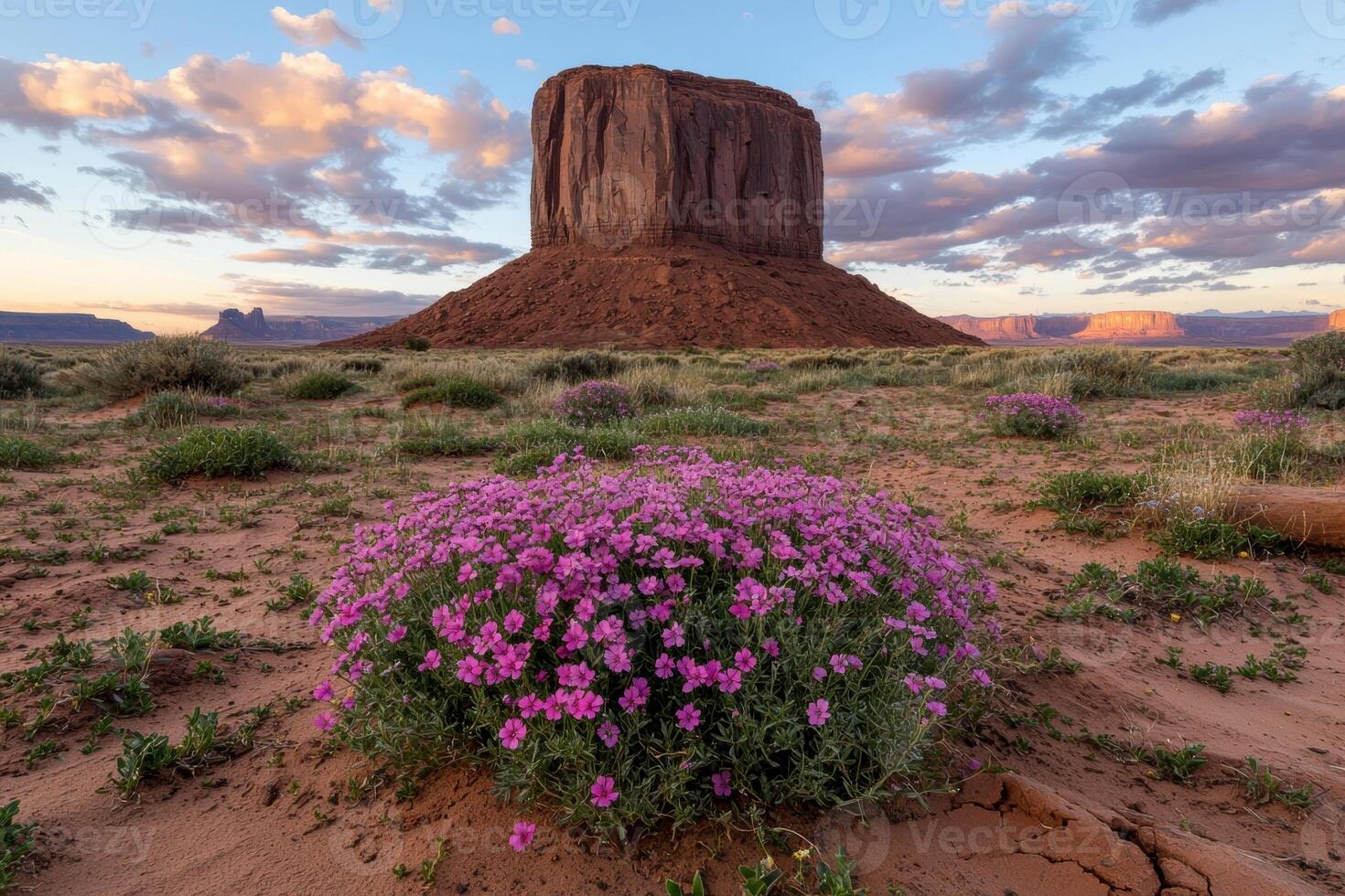 Sunset over Monument Valley with wildflowers in the foreground photo