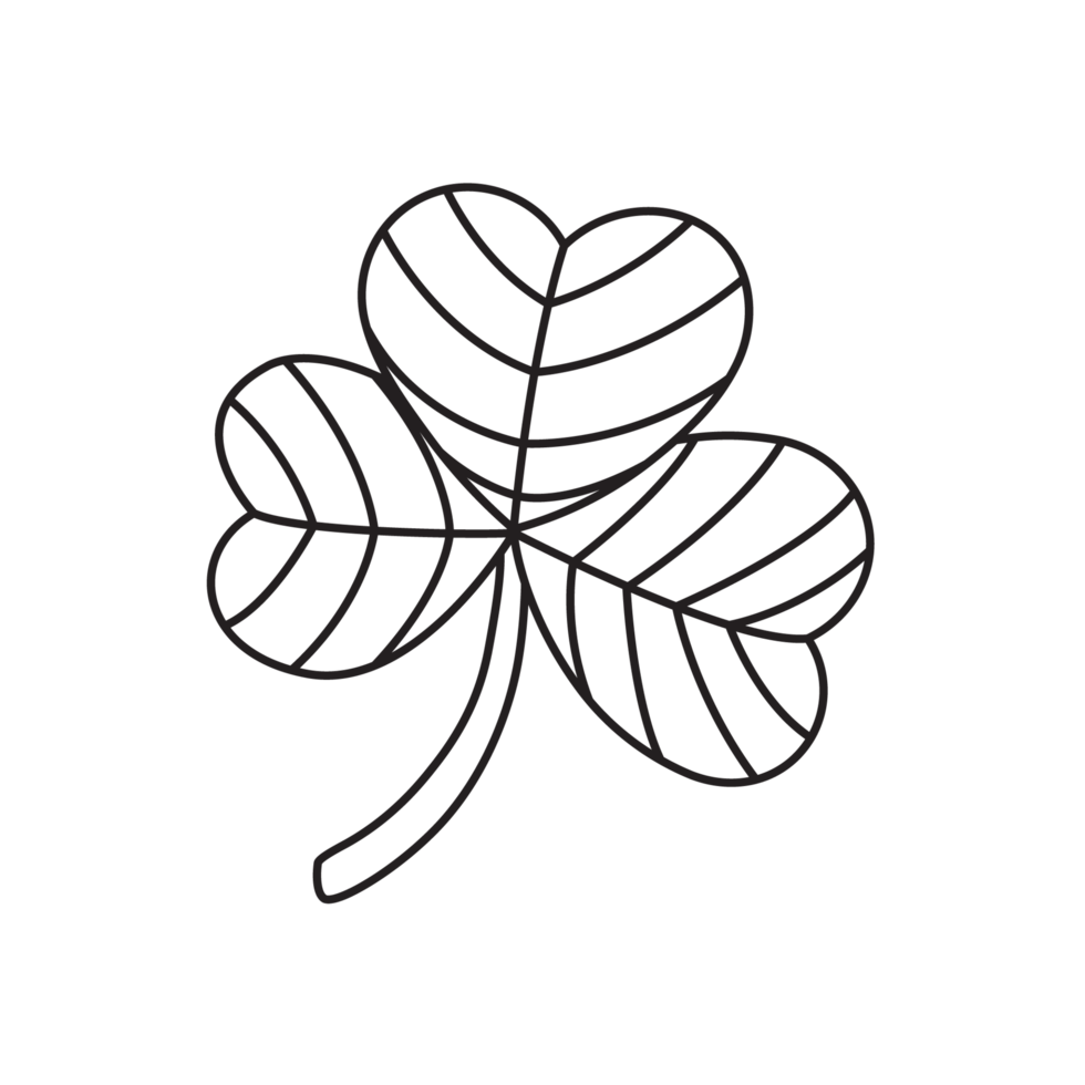This is a minimalist black outline of a shamrock or three-leaf clover, symbolizing Irish heritage, and good luck. The illustration has a transparent background. png