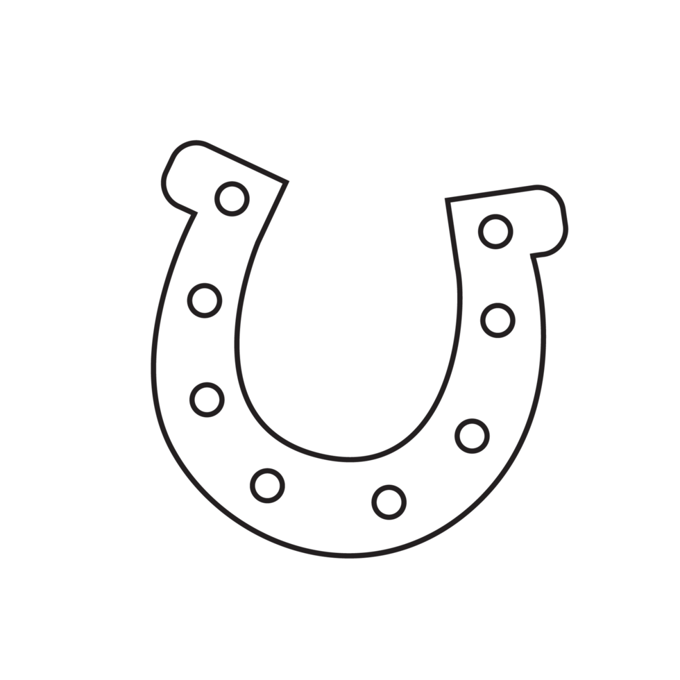 A transparent background illustration of St. Patrick's Day golden horseshoe, outlined in black, featuring a clover symbol. It's a minimalistic design tied to luck and Irish traditions. png