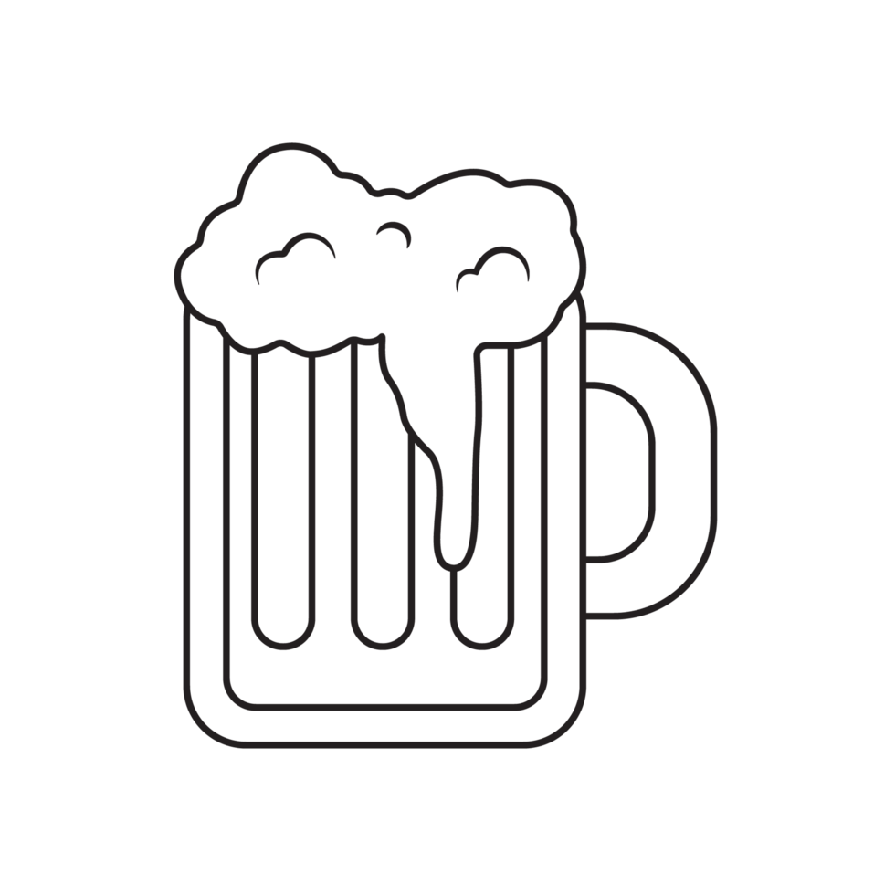 An Outline drawing of a glass of beer. The glass is filled with a foamy liquid and has a handle. This image is commonly used to represent beer, pubs, bars, and other alcoholic beverages. png