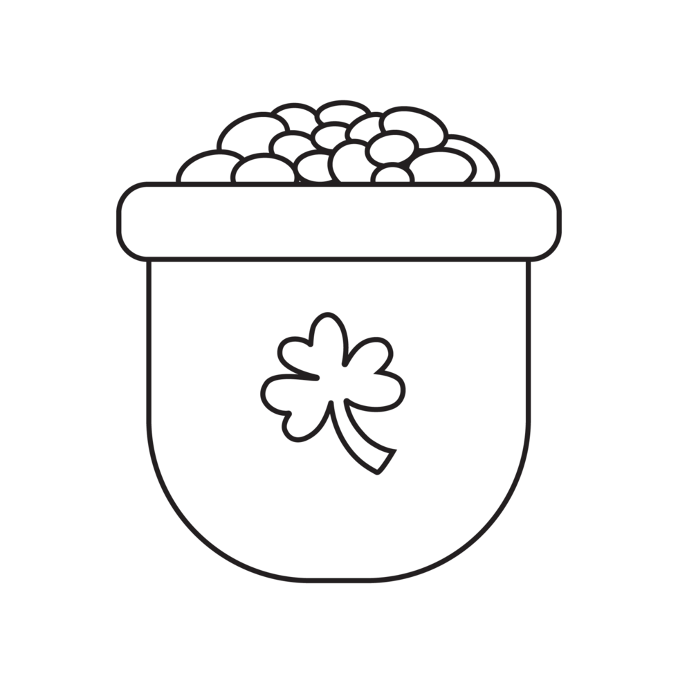 A transparent background illustration of a pot filled with gold coins, outlined in black, featuring a clover symbol. It's a minimalistic design tied to luck and Irish traditions. png