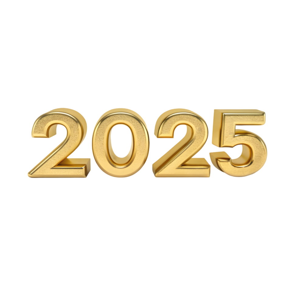 Gold 3D Numbers for Happy New Year 2025 on Transparent Background. png